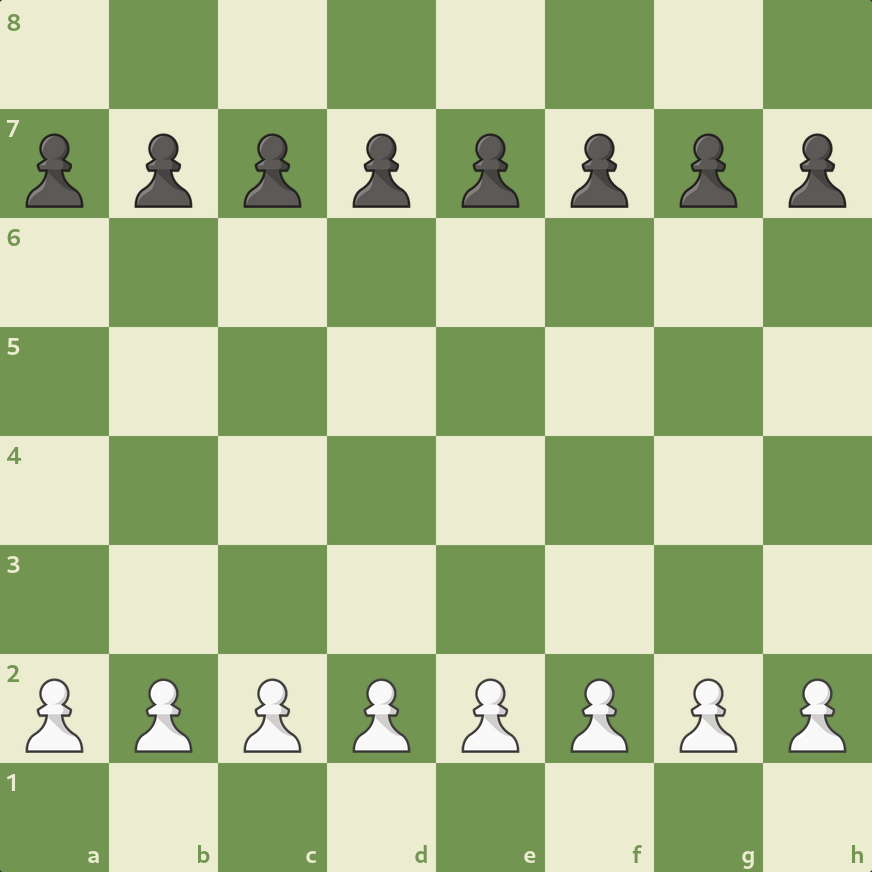 The Chess board is filled with pawns in their starting configuration. The White pawns are placed across the second rank, and the seventh rank has the plack pawns placed on it.